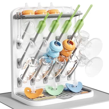 Lifewit Large Baby Bottle Drying Rack with Drain Mat, 15 Hooks Vertical Rack Dryer with Removable Pacifiers Box, Drip Tray, Space Saving Countertop Holder Organizer for Weighted Straws, Pump Parts