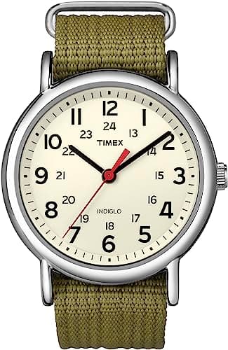 Timex Unisex Weekender 38mm Watch – Silver-Tone Case Cream Dial with Olive Fabric Slip-Thru Strap