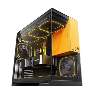 Geometric Future M5 Tempered Glass Mid Tower, E-ATX/ATX Gaming Case, 1.2mm Steel, Type C, Toolless Panels, Support 420/360 Radiator, ARGB PWM 140m Fan x 5 Pre-Installed, Black/Yellow, GEO-M5F-BY