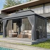 AOXUN Outdoor Gazebo for Patio 10x13, Metal Frame Canopy with Double Roofs, Heavy Duty Party Tent and Shelter with Mosquito Netting and Privacy Screen for Backyard, Lawn, Garden,Deck (Gray)