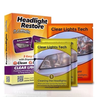 Clear Lights Tech, Headlight Restoration Kit - Headlight Cleaner 3-Wipe System, Restores Clarity, Removes Yellowing & Oxidation, Improves Nighttime Driving Safety, Long Lasting UV Protection.