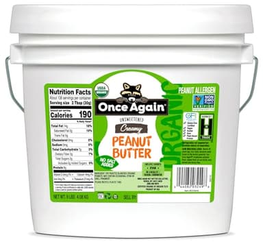 Once Again Organic Creamy Peanut Butter 9 Pound Bucket - No Sugar Added, Single Ingredient, Unsalted, Natural Peanut Butter Bulk, No Palm Oil - Non-GMO, Gluten Free - Smooth and Unsweetened