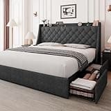 Feonase King Size Bed Frame with 4 Storage Drawers, Upholstered Storage Bed with Charging Station, Tufted Wingback Storage Headboard, No Box Spring Needed, Dark Grey, NEW737