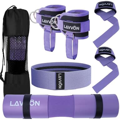 7Pcs-Barbell Pad Set for Hip Thrust - Squat Pad, Bench Press Workout Foam Weight Lifting Bar Cushion,Gym Accessories for Women with Bar Bad,with Gym Ankle Straps,Hip Resistance Bands,Lifting Strap (Purple)