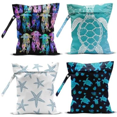 zcyxuuw 4 Pack Wet Bag for Swimsuit, Beach Travel Essentials Wet Dry Bag, for Sunscreen Toiletry Dirty Clothes Yoga Gym Diaper, Friend Summer Beach Vacation Gifts. Starfish, sea turtles, jellyfish