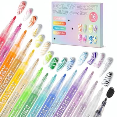COLAYERIST Nail Art Pens, 16 Colors Acrylic Nail Paint Pens Kit Quick Drying, 3D Gel Nail Polish Pen Graffiti Dotting Drawing Painting Liner Manicure for Home and Salon DIY