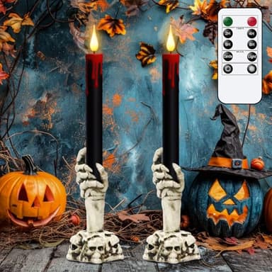 Eldnacele Halloween Flameless Taper Candle Lights Battery Operated with Remote and Timer, 2 Pack Skeleton Hand Holders Black Dripping Wax Effect LED Flickering Candles Home Decor(3” x 12”)