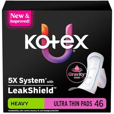 Kotex Ultra Thin Pads with Wings, Heavy Absorbency, 46 Count (Packaging May Vary)