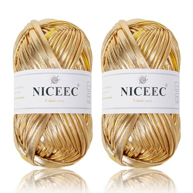 NICEEC 2 Skeins Metal T-Shirt Yarn, Bright, Glossy, Crochet & Knitting, Fabric Cloth Yarn with Single-Side Color, Handmade DIY Craft Bag Basket Cushion-Totle Length 64yds(7.1oz) - Gold