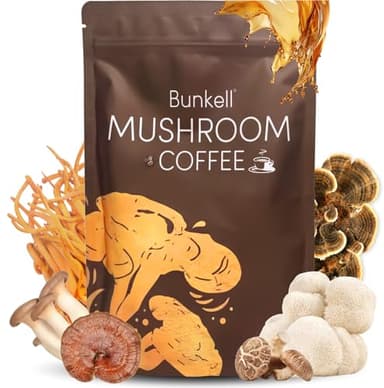 Bunkell Mushroom Coffee, Adaptogenic 6 Mushrooms with Lion's Mane, Reishi, Cordyceps, Shiitake, King Trumpet & Turkey Tail, Instant Coffee Powder for Energy, Digestion & Immune Support, 30 Servings