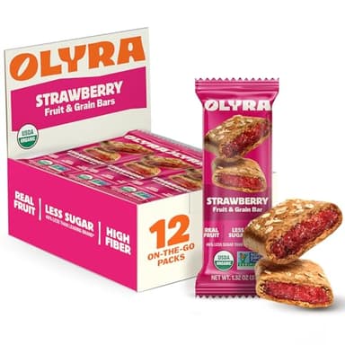 Olyra Strawberry Soft Baked, Prebiotic High Fiber Snack, Organic Snacks, Healthy Snacks for Adults and Kids, Low Sugar, Vegan, Office Breakfast Bars, USDA Certified Organic, Non GMO (Pack of 12)