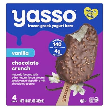 Yasso Frozen Greek Yogurt Bars Vanilla Chocolate Crunch Bars for a ridiculously creamy frozen snack Ridiculously creamy, made with the goodness of greek yogurt, 2.65 fl oz