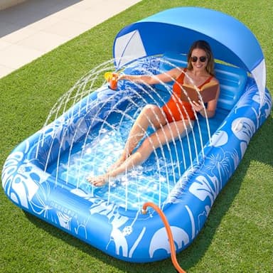 Inflatable Tanning Pool Lounger Float with Sprinkler & Canopy UPF50+, 77" x 48" Extra Large Tanning Pool Float for Adults, Sunbathing Water Lounge Bed with Pillow & Cup Holder for Backyard & Pool
