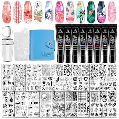 Biutee Nail Stamper Kit 15pcs Nail Art Stamp Plate 8pcs Stamp Gel Polish 1pcs Nail Stamper Scraper Set with Storage Bag, Nail Stamp Template Kit Valentine's Day Flower Lace Animal Star Design