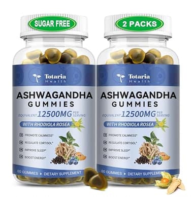 (2 Packs) Sugar Free Ashwagandha Filled Gummies w/Vitamin D3, Magnesium Glycinate, Rhodiola, Ultra Strength Ashwa Root Supplements for Women & Wen, for Relaxation, Energy, Cortisol Gummies