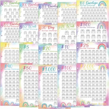Jetec 20 Sheets Money Saving Challenge Binder Trackers with 6 Perforated Holes for 6 Ring A5 Binders 100 Envelopes Tracker Cards Money Savings Challenge Budget Planner to Save Cash(Gradients Style)