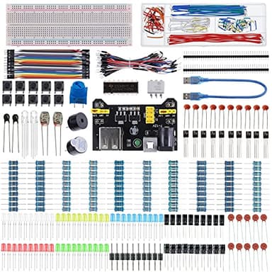 BOJACK 37 Values 480 Pcs Electronics Component Fun Kit with Power Supply Module, Jumper Wire,Precision Potentiometer,830 tie-Points Breadboard Compatible with STM32,Raspberry Pi,Arduino