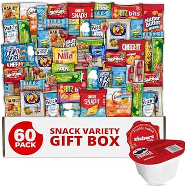 Snack Box Care Package Gift Box - Large Variety Snack, Candy & Treats for College Students, Adults, Kids, and Office Treats - 60 Count