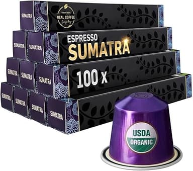 ‘Sumatra’ Organic Italian Espresso for Nespresso | 100 Organic Aluminum Capsules | Single-Origin Dark Roast | 100% Nespresso Compatible Pods | Fairtrade | Package May Vary