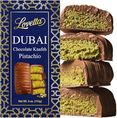 Lovetta Dubai Chocolate Bar Pistachio Knafeh - Luxury Rich Milk Chocolate, Individually Wrapped Fresh, Premium Pistachio Cream Kataifi Filling (1 Pack)