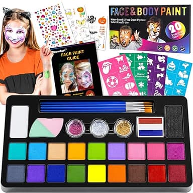 Drawdart Face Painting Kit for Kids - 20 Colors Water Based Non-Toxic Paint With Stencils & Brushes - Professional Body Makeup Kit for Parties, Birthdays, Halloween