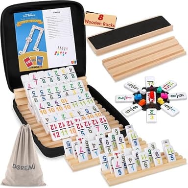 Doreimi Mexican Train Dominoes Set Numbers and 8 Wooden Holders, Double 12 Travel Domino Train Game with 91 Colored Tiles and Protable Case, Number Domino Set for Kids, Adults Family Board Team Games