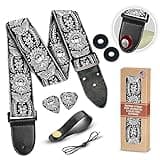 Art Tribute Guitar Strap Royal Black Silver Woven for Bass, Electric & Acoustic - Includes Strap Locks to Keep It Safe & 2 Unique Picks and Pick Pocket Embroidered Adjustable Guitar Strap Gift