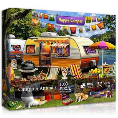 Camping Puzzles for Adults 1000 Pieces, Nature Rv Puzzles Lake Scenic,Puppy Dog Jigsaw Puzzle Animal Cat, Funny Camper Jigsaw Puzzle Scenery Challenging