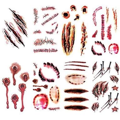 Yesallwas 8 Sheets Halloween Tattoos: Zombie, Wound, Fake Blood, Vampire Bite, Realistic Bloody Wound Stitch Scar Horror Waterproof Temporary Tattoo Stickers