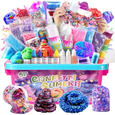 pokujyrt Confetti Slime Kit, Sparkling Slime Making Kit, DIY Craft Set with Clear Glue, Colors, and Decorations, Ages 6+