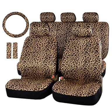 AUTOFAN Leopard Car Seat Covers Full Set with Steering Wheel Cover 2 Seat Belt Pads, Cheetah Print Seat Covers for Cars for Women,Airbag Compatible,Universal Fits for Cars,SUV,Truck