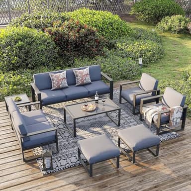 Green4ever Aluminum Patio Furniture Set, 8 Pieces Modern Outdoor Conversation Set All-Weather Metal Sectional Couch Sofa Upgraded Foam-Filled Cushions with Ottoman and Coffee Table (Grey)