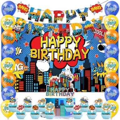 42pcs super city hero theme Party Supplies -Included Banner, cupcake toppers , backdrop and Balloons Banner for Super Hero Brithday Party