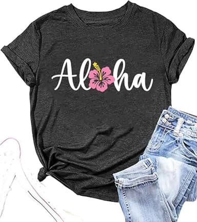 Hawaiian Shirts for Women Aloha Flower Shirt Hawaii Trip Tee Summer Casual Beach Vacation Tops Short Sleeve-Dark Grey XL