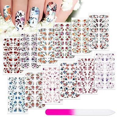 168 Pcs 12 Sheets Full Wraps Nail Polish Stickers Flower Print Self-Adhesive Nail Decal Strips with File Manicure Kits Colorful Flower Full Cover Decal Strips for Women DIY Decoration(Bright Style)