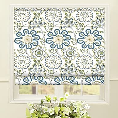 Artdix Cordless Roman Shades Blackout Window Shades - Blue Fabric Lined Custom Floral Roman Shades Blinds for Windows, Doors, French Doors, Kitchen Windows