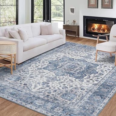 ReaLife Rugs Machine Washable Area Rug - Living Room Bedroom Bathroom Kitchen Entryway Office - Padded Low Pile Stain Resistant Premium - Boho Farmhouse Vintage - Joy - Blue Ivory 7'6" x 9'6"