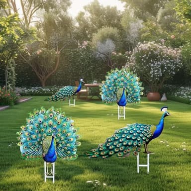 Riakrum 4 Pcs Metal Peacock Statue Garden Decor Outdoor Metallic Peacock Tail Spread Yard Lawn Decoration Housewarming Birthday Gifts for Patio, Lawn, or Entryway, Multicolor
