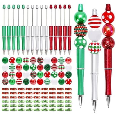 Whaline 15Pcs Christmas Beadable Pen Red Green Silver Bead Ballpoint Pen Gel Ink Pen with 50Pcs Colorful Beads 100Pcs Rhinestone Beads for Xmas DIY Crafts Office School Gifts Party Supplies