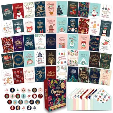 Decorably 100 Pack Foiled & Glittery Boxed 6x4in Assorted Christmas Cards with Envelopes and Stickers, 100 Unique Holiday Designs Seasons Greetings for Loved Ones, Printed Message - Gifting, Mailing