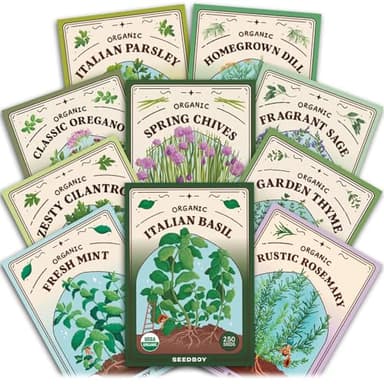 Seedboy Organic Non GMO 10 Herb Variety Pack: Basil, Cilantro, Mint, Oregano, Parsley, Thyme, Chives, Dill, Sage, Rosemary for Planting Indoor and Outdoor, USDA Certified (10 Herb Variety Pack)