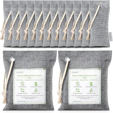CLEVAST 14 Pack Activated Bamboo Charcoal Air Purifying Bags(2x200g, 12x50g), Natural Fresh Odor Absorber, Deodorizer and Moisture Eliminator, Air Purifier Bags for Home