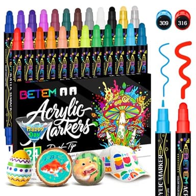 Betem 24 Colors Dual Tip Acrylic Paint Pens Markers, Fabric Decorating Kits Premium Water-Based Acrylic Paint Markers for Fabric, Rock, Wood, Glass, Eggs, Canvas, Ceramic, Easter Basket Stuffers