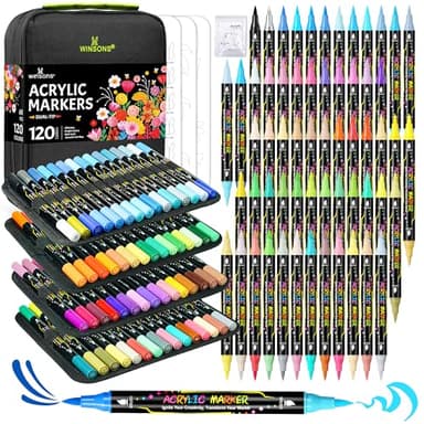 WINSONS 120 Colors Acrylic Paint Markers, Permanent Dual-Tip Acrylic Markers Set, Soft Brush Tip Paint Pens for Rock Painting, Canvas, Glass, Wood, Ceramic, DIY Craft Art Supplies, Set of 60