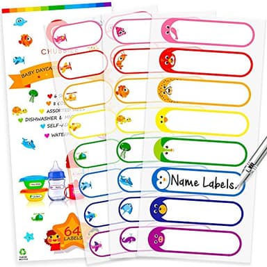 Baby Bottle & Daycare Name Labels, Self-Laminating Waterproof Stickers for Kids Stuff, Dishwasher Safe Write-On Name Tags for School & Home, Assorted Sizes & Colors, Pack of 64
