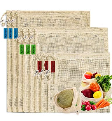 Reusable-Cotton-Mesh-Produce-shopping-Bags-Washable Eco Friendly Premium See Through Lightweight Net zero Bulk Bags for Veggie Fruit Vegetable Grocery Storage (9 Packs)