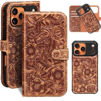 RMAWRAD Leather Case Compatible with iPhone 17 Pro Wallet 6.3",Genuine Leather 2-in-1 Magnetic Detachable Shockproof,Flip Folio Cover with Card Slot, RFID Blocking Dark Brown