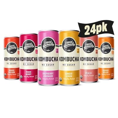Liquid Remedy Kombucha Sugar Free Organic Drink, Low Calorie, Probiotic Like Tea for Gut Health - Super Sampler Variety Pack - 8.5 Fl Oz Can, 24-Pack
