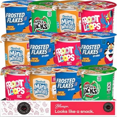Cereal Cups Variety Pack - Single Serve Breakfast Cereal Assortment - Mini-Wheats, Frosted Flakes, Froot Loops, Apple Jacks - Care Package Gift Box (12 Count)