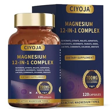 12-in-1 Magnesium Complex for Women Men: Magnesium Glycinate 700mg with Citrate, Malate Taurate Chelated Forms – High Absorption Magnesium Supplement for Relaxation Muscle Heart-120 Vegan Capsules